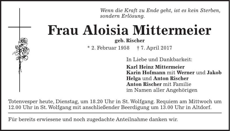 Traueranzeige Aloisia Mittermeier