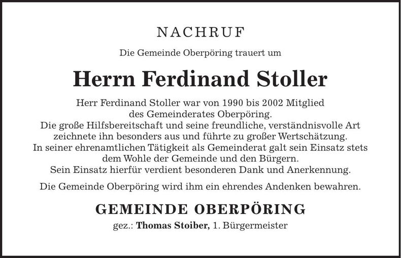 Traueranzeige Ferdinand Stoller