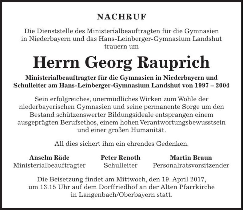 Traueranzeige Georg Rauprich