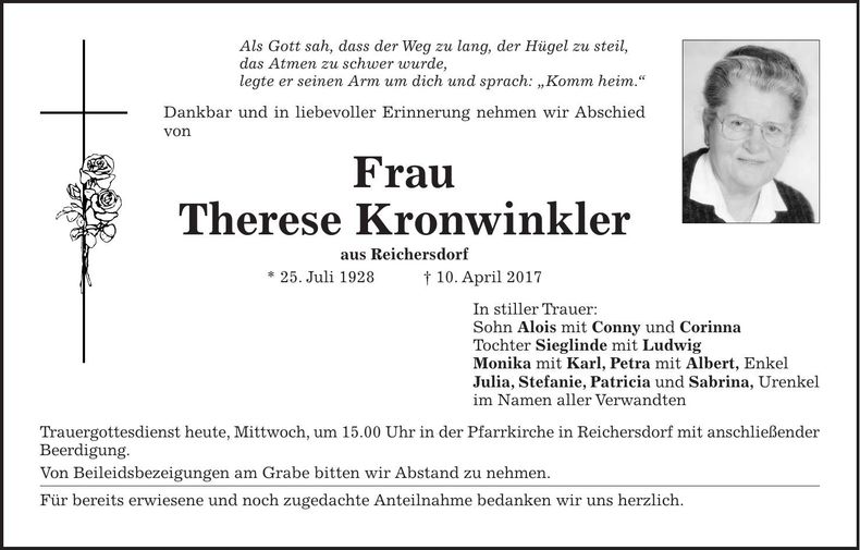 Traueranzeige Therese Kronwinkler