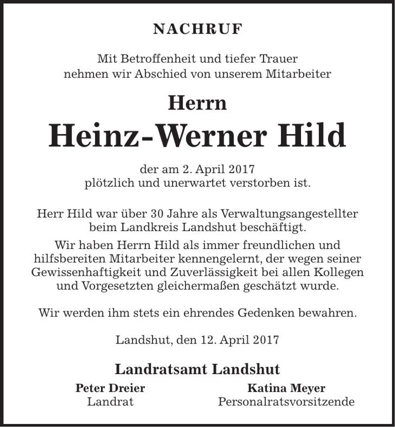 Traueranzeige Heinz-Werner Hild