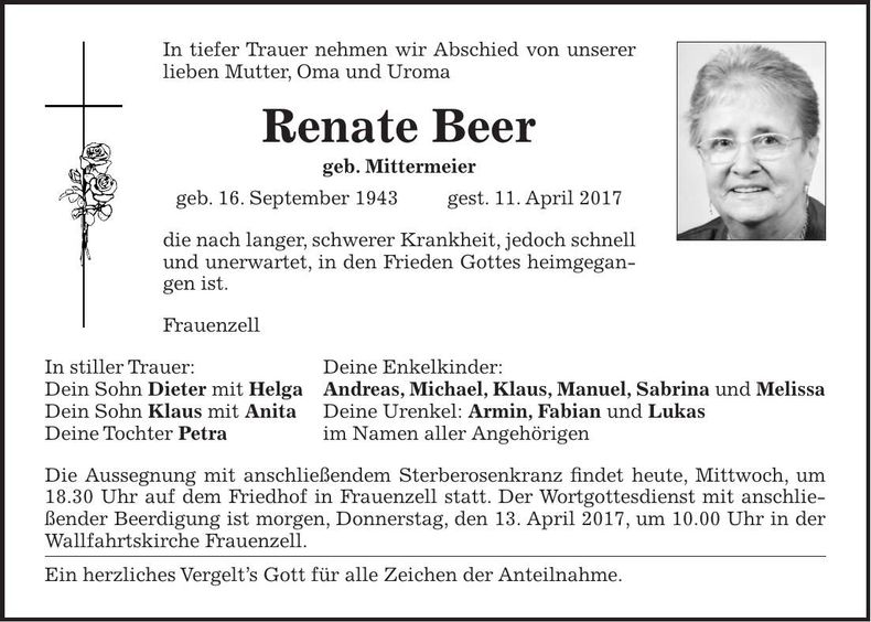 Traueranzeige Renate Beer