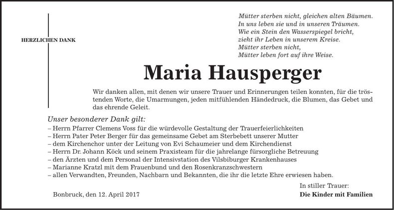 Traueranzeige Maria Hausperger