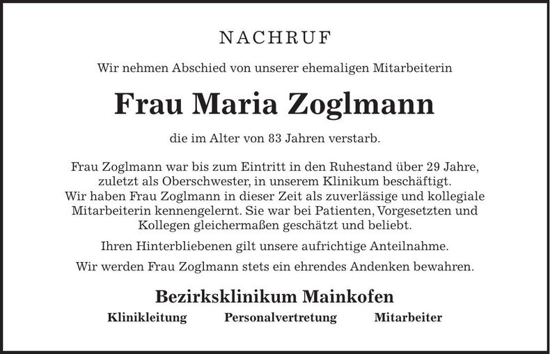 Traueranzeige Maria Zoglmann
