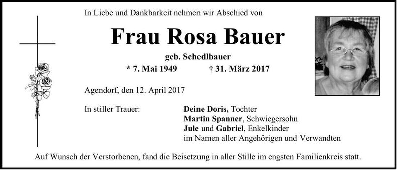 Traueranzeige Rosa Bauer
