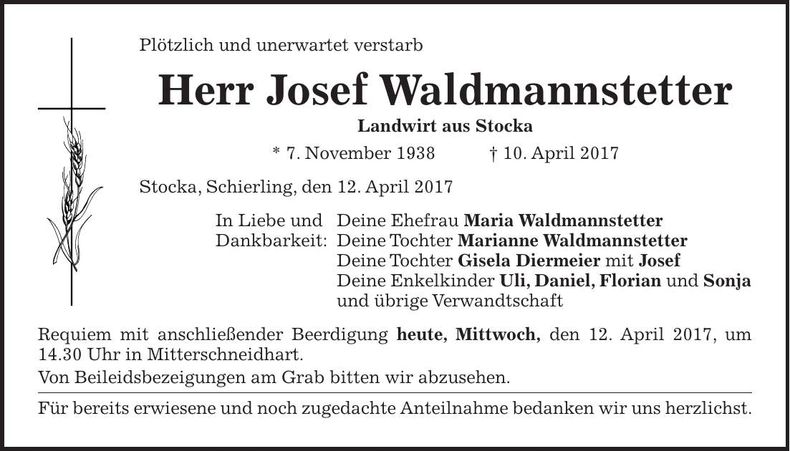 Traueranzeige Josef Waldmannstetter