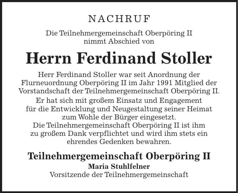 Traueranzeige Ferdinand Stoller