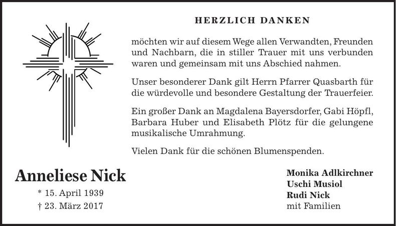 Traueranzeige Anneliese Nick