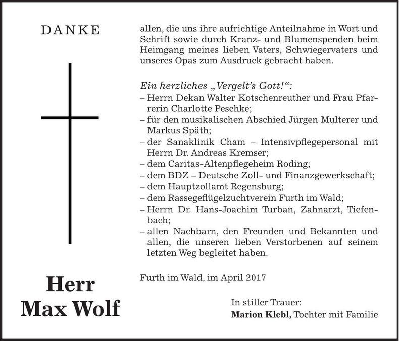 Traueranzeige Max Wolf