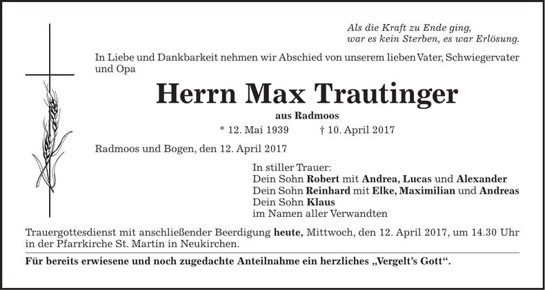 Traueranzeige Max Trautinger