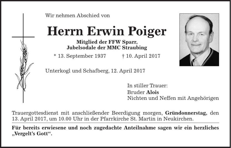 Traueranzeige Erwin Poiger
