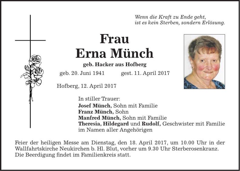 Traueranzeige Erna Münch