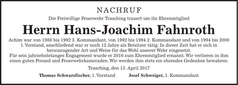 Traueranzeige Hans-Joachim Fahnroth