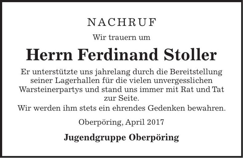 Traueranzeige Ferdinand Stoller