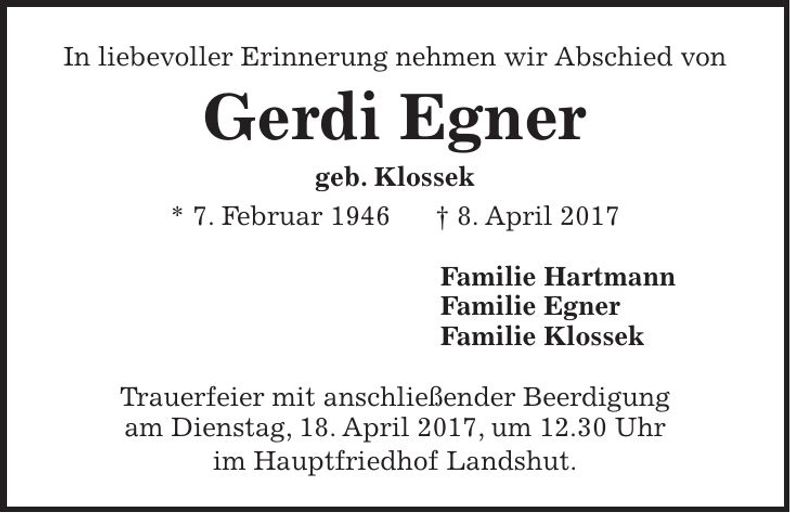 Traueranzeige Gerdi Egner