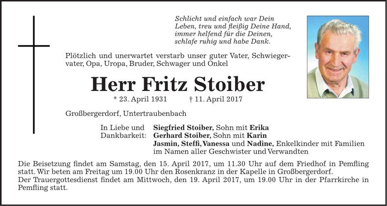 Traueranzeige Fritz Stoiber