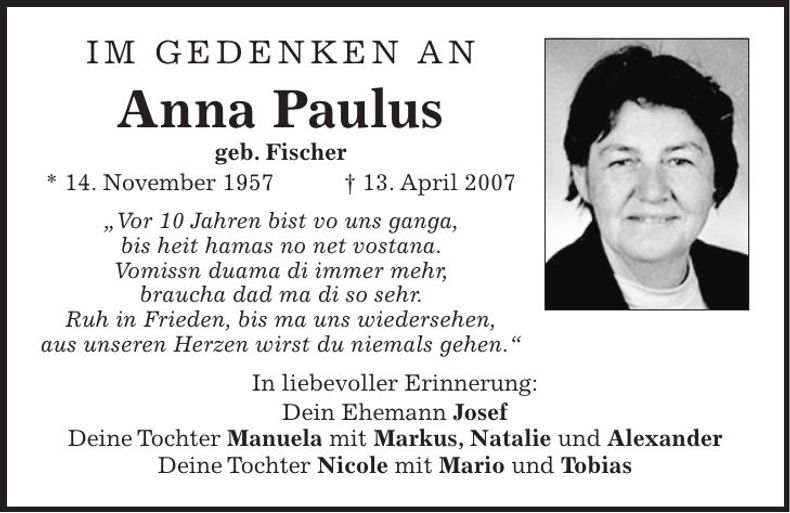 Traueranzeige Anna Paulus