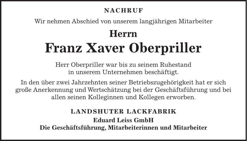 Traueranzeige Franz Xaver Oberpriller