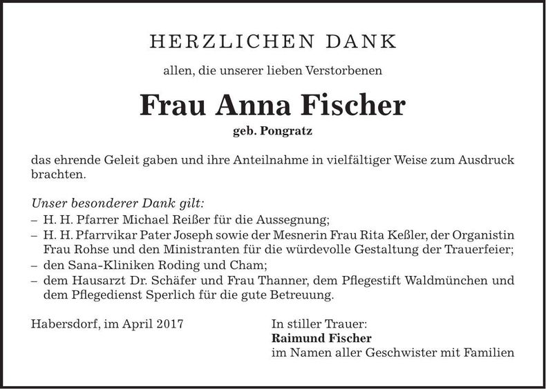 Traueranzeige Anna Fischer