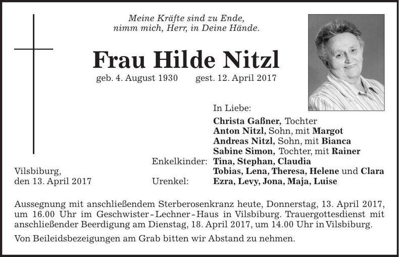 Traueranzeige Hilde Nitzl