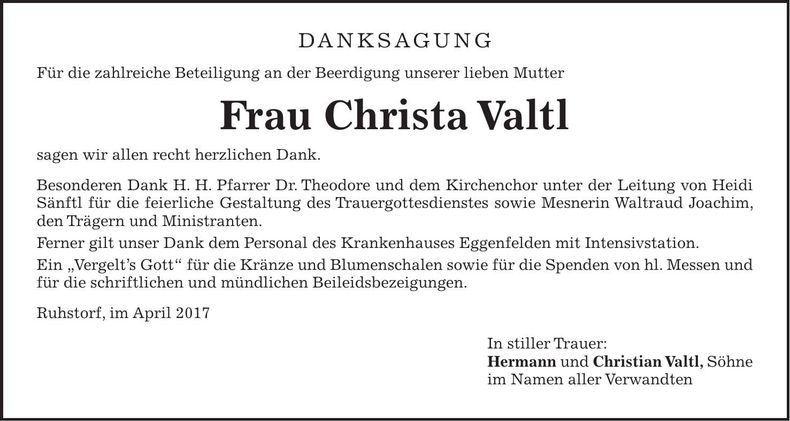 Traueranzeige Christa Valtl
