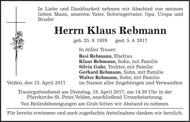Traueranzeige Klaus Rebmann