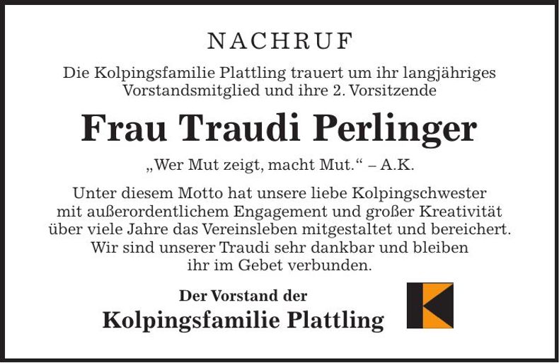 Traueranzeige Traudi Perlinger