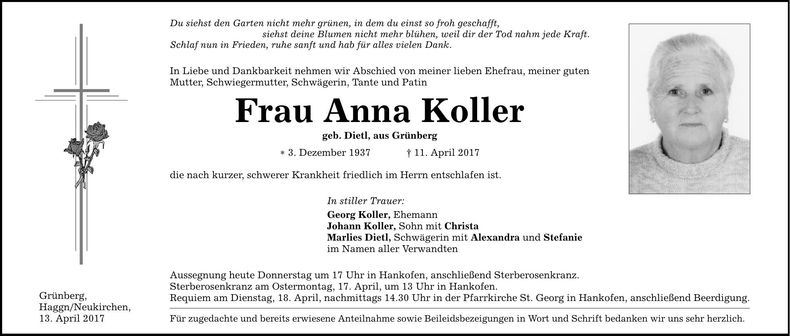 Traueranzeige Anna Koller