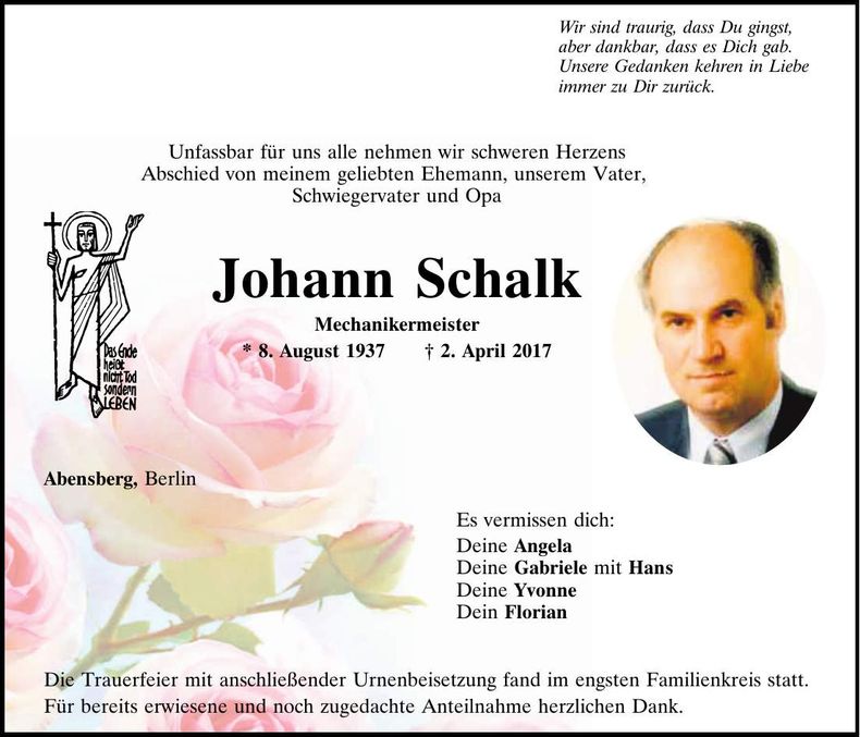 Traueranzeige Johann Schalk