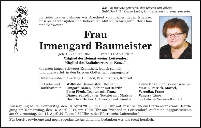 Traueranzeige Irmengard Baumeister