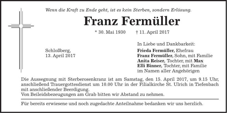 Traueranzeige Franz Fermüller