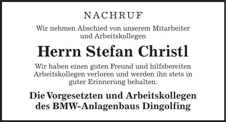 Traueranzeige Stefan Christl