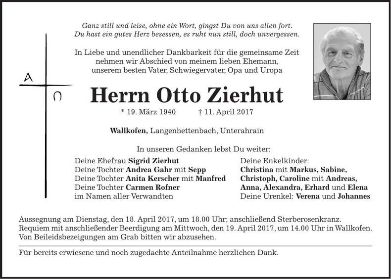Traueranzeige Otto Zierhut
