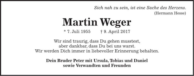 Traueranzeige Martin Weger