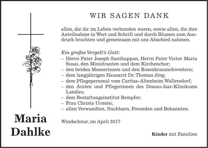 Traueranzeige Maria Dahlke