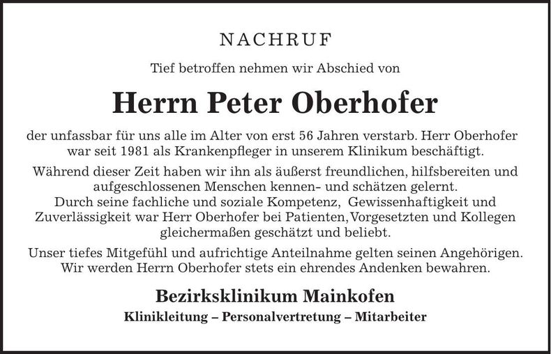 Traueranzeige Peter Oberhofer
