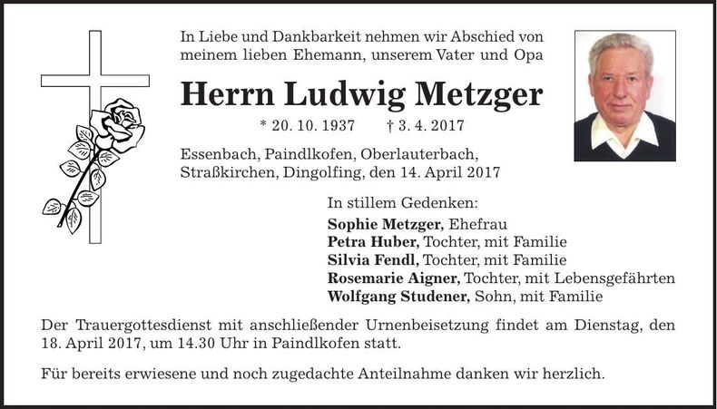 Traueranzeige Ludwig Metzger