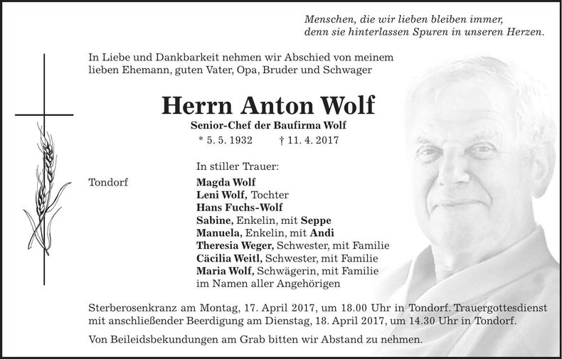 Traueranzeige Anton Wolf