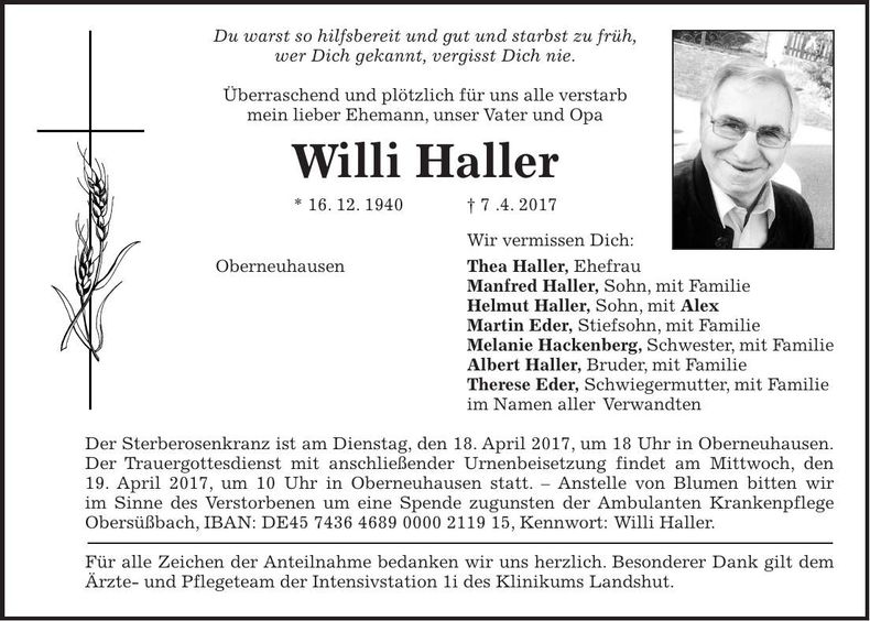 Traueranzeige Willi Haller