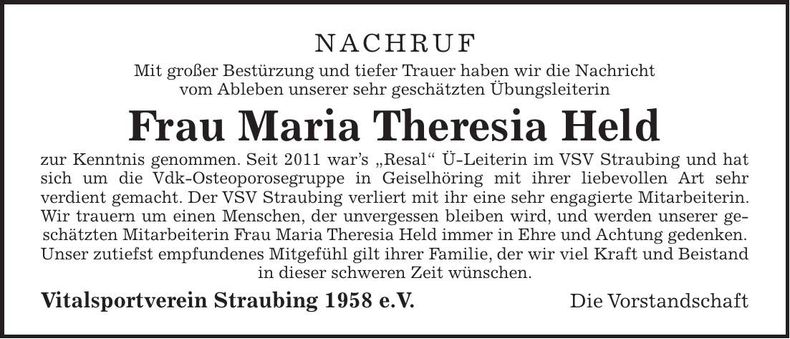 Traueranzeige Maria Theresia Held