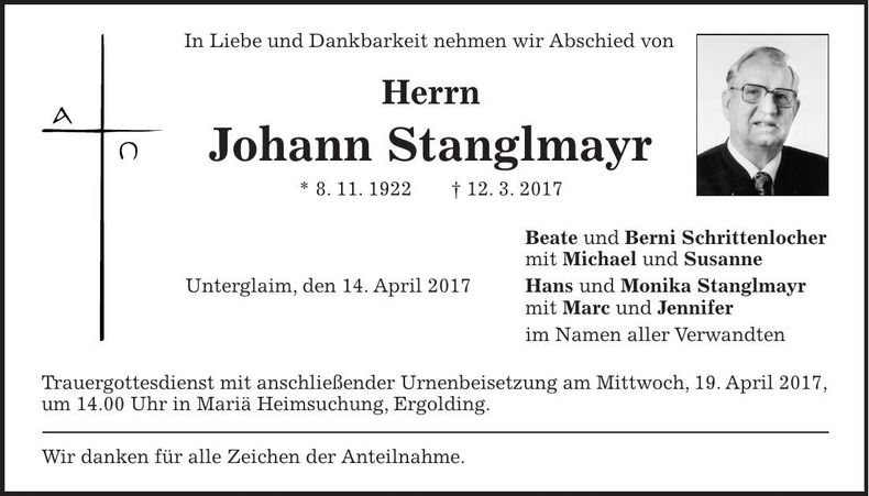 Traueranzeige Johann Stanglmayr