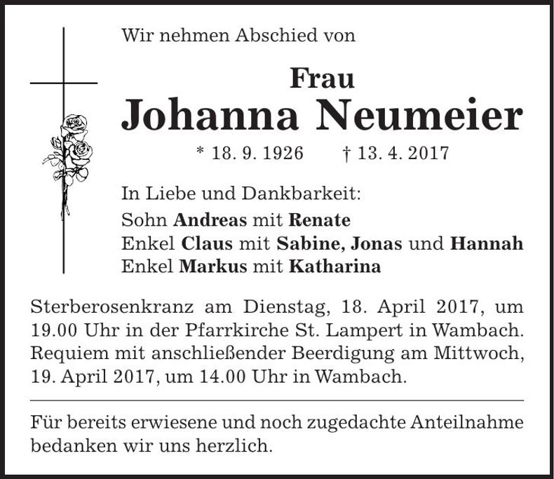 Traueranzeige Johanna Neumeier