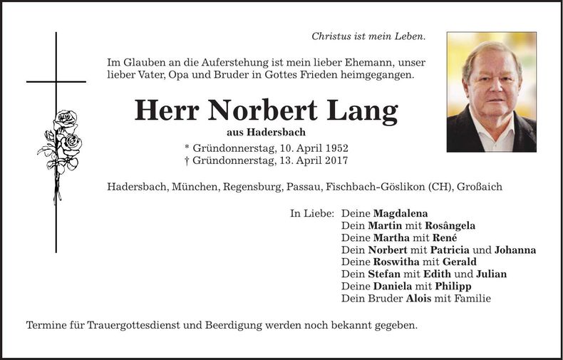 Traueranzeige Norbert Lang