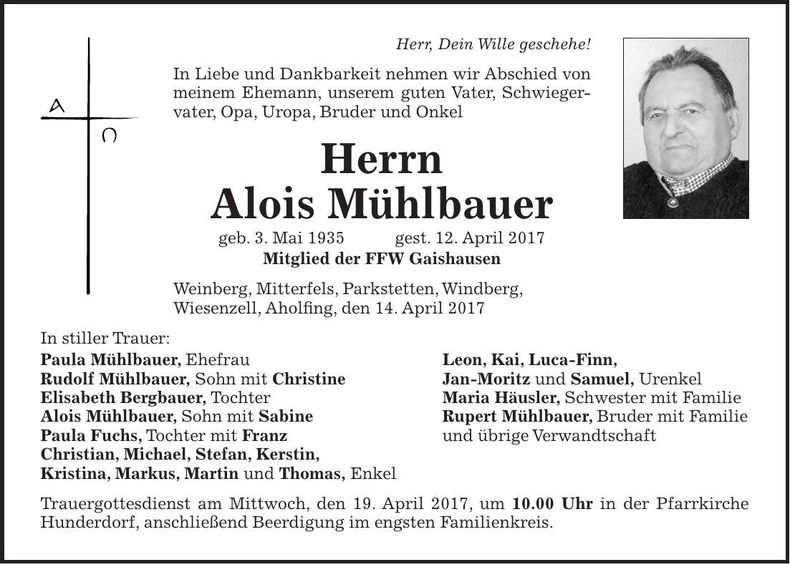 Traueranzeige Alois Mühlbauer