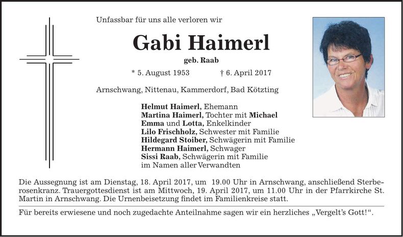 Traueranzeige Gabriele Haimerl