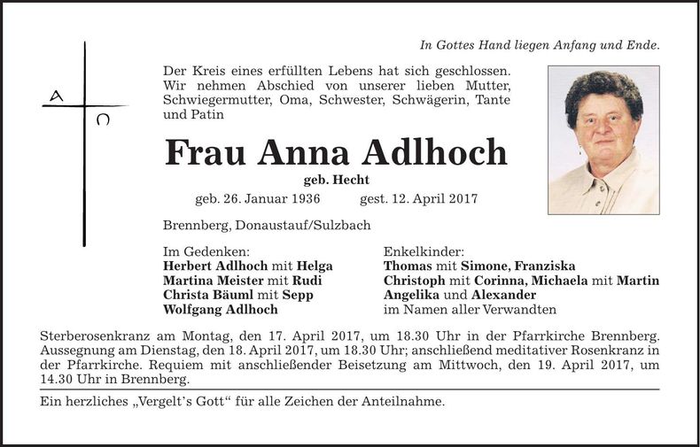 Traueranzeige Anna Adlhoch