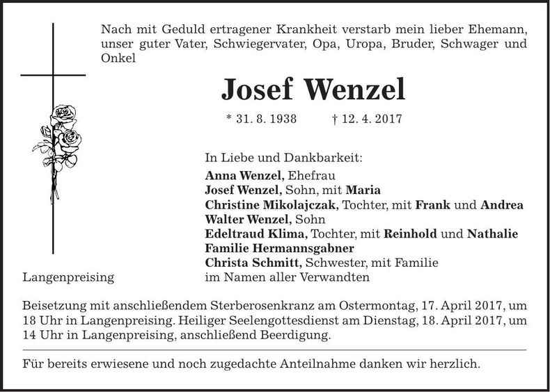 Traueranzeige Josef Wenzel