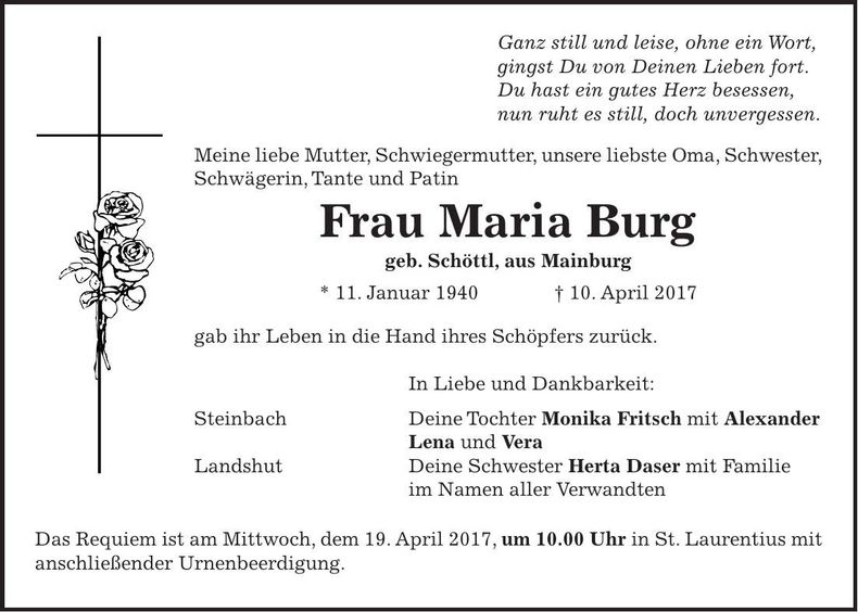 Traueranzeige Maria Burg