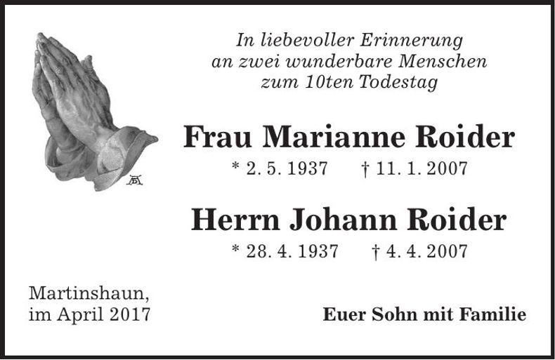 Traueranzeige Marianne und Johann Roider