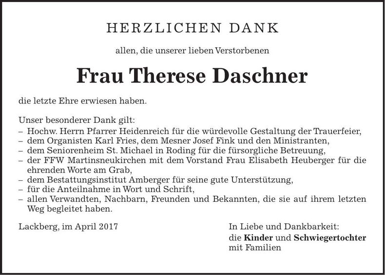 Traueranzeige Therese Daschner